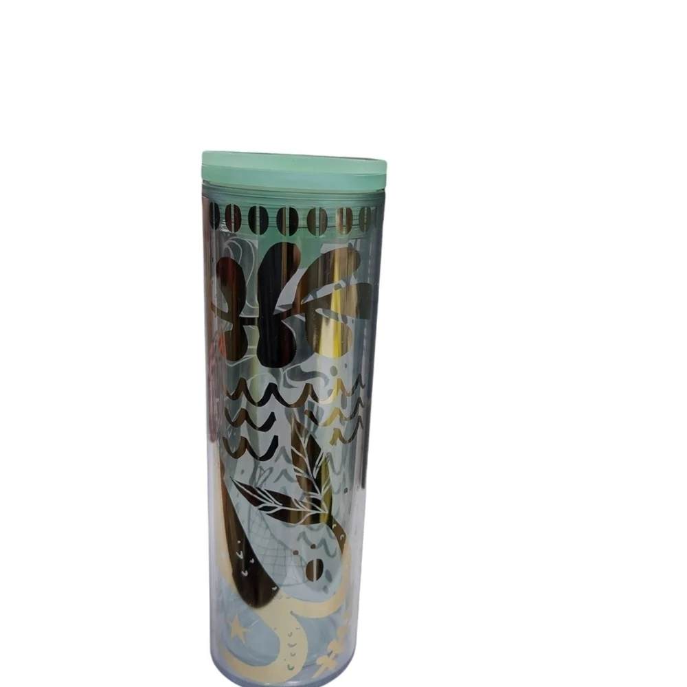 NWOT Starbucks Mint Green Gold Artistic Tumbler Lid Mermaid Floral Shiny Swim